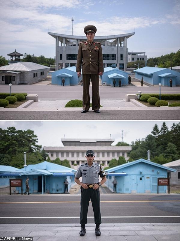 9. Kore Tarafsız Bölgesi'ni koruyan Kuzey ve Güney Koreli iki asker
