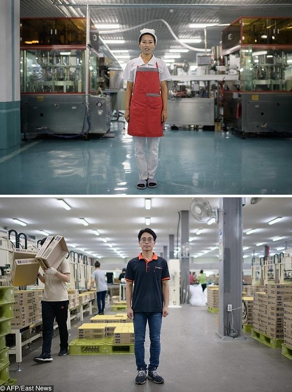 3. Kuzey Koreli fabrika çalışanı diş araç gereçleri üretiyor, diğer bir taraftan Güney Koreli fabrika çalışanı ambalaj malzemeleri üretiyor...