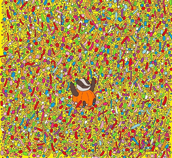 3. Данная задачка подразумевает под собой поиск волшебной палочки на картинке с барсуком в костюме тыквы, сидящем среди огромного количества сладостей. Уже ее увидели?