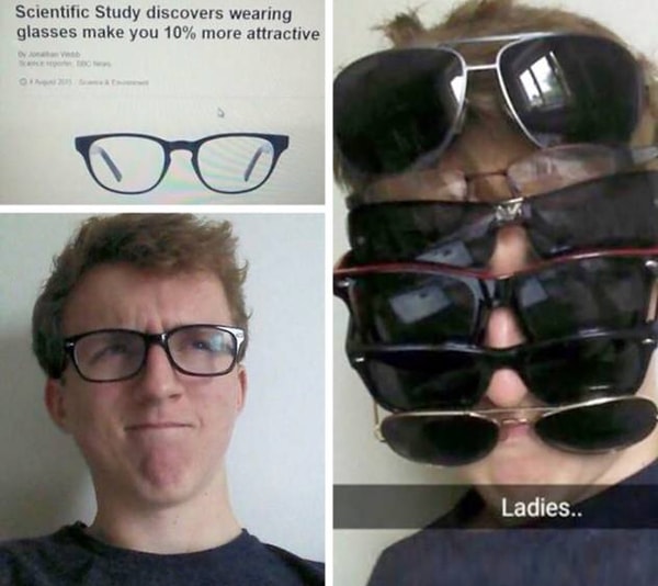 13. «Исследования показали, что ношение очков увеличивает вашу привлекательность на 10%». Встречайте меня, прекрасные леди.
