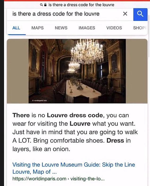 She looked up the dress code in the Louvre online and posting a screenshot which shows that visitors can wear what they want.