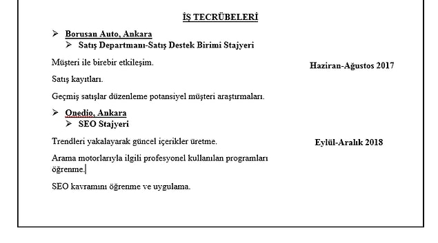 Hemen ardından iş tecrübesi başlığı geliyor. İş tecrübelerini de aynı eğitim gibi, çalışılan şirket, pozisyon, başlangıç ve bitiş tarihleri ile birlikte yazılmalı.