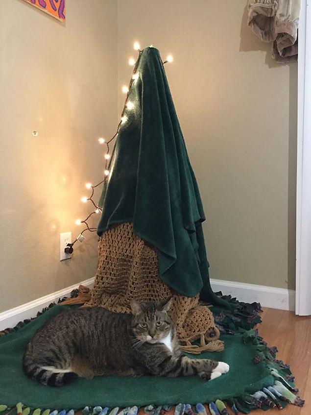 9. "Our cat proof and environmentally conscious Christmas tree. Turn a tomato cage upside down, add a blanket, and laugh at the situation"