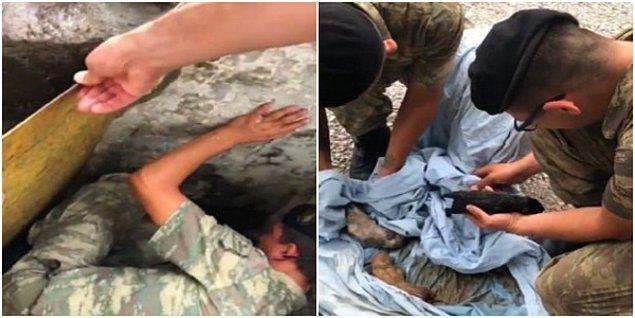 27. İzmir'de meydana gelen yoğun yağış sonrasında bir çukurda mahsur kalan yavru köpekler askerler tarafından kurtarıldı.
