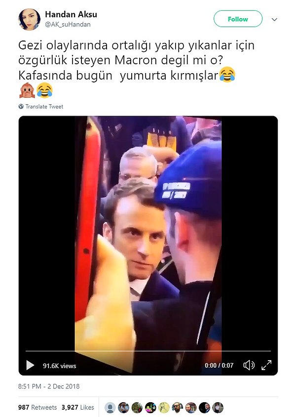 7. "Videonun Fransa’daki ‘Sarı Yelekliler’ eylemleri sırasında Macron’un kafasına yumurta atıldığını gösterdiği iddiası."