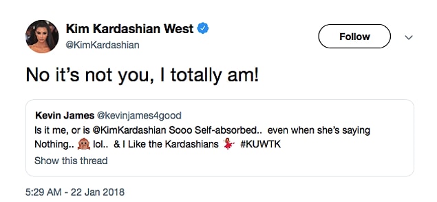 5. Kim Kardashian retorts someone who called her self-absorbed