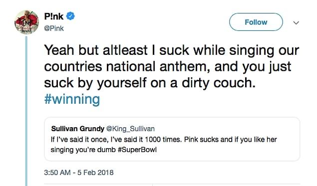8. Pink's clapping back at a troll who criticized her Super Bowl performance