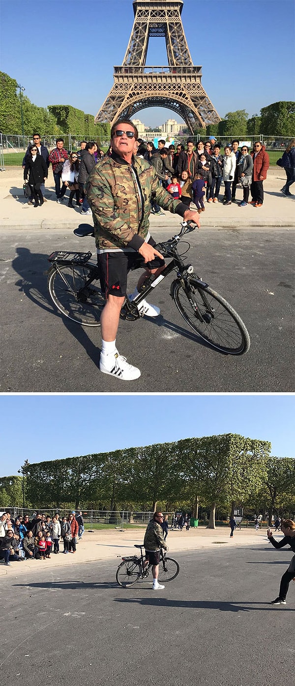 3. Арнольд Шварценеггер влез в кадр целой группы туристов у Эйфелевой башни