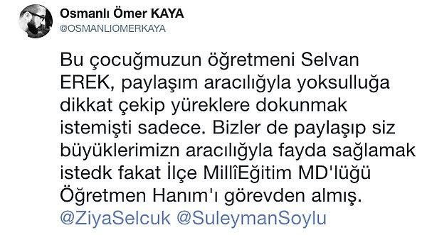 Ve sosyal medyada aktarılana göre, o öğretmen görevden alındı. Çünkü Türkiye'de hiçbir iyilik cezasız kalmaz...