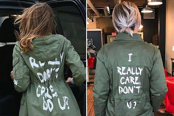 1. Melania Trump'ın alıkonulmuş göçmen çocukları ziyarete giderken giydiği ceket.
