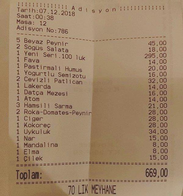 10. Arnavutköy'de bulunan Mira Balık, 70'lik rakı için 336 TL yazması ile yemeyi içmeyi sevenler tarafından garip karşılanmış ama vardır bir açıklaması herhalde...