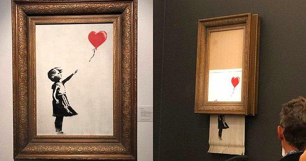 1. Banksy'nin Kırmızı Balonlu Kız çalışmasının parçalanması