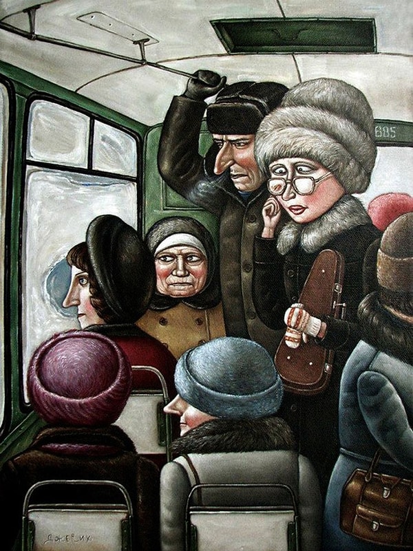 6. "Сюжеты картин рождаются по ходу: еду в зимнем троллейбусе, люди сонные, унылые, как в трансе смотрят в лунку заиндевелого окна, входит мадам и протирает пальчиком очки изнутри, как пройти мимо такого сюжета? Они вокруг нас роем роятся!"