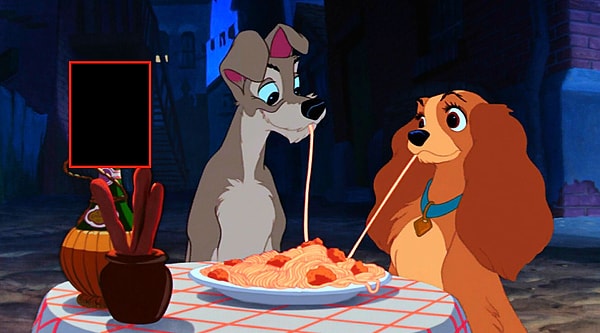 6. Чего не хватает в этой сцене из "Леди и Бродяги"?