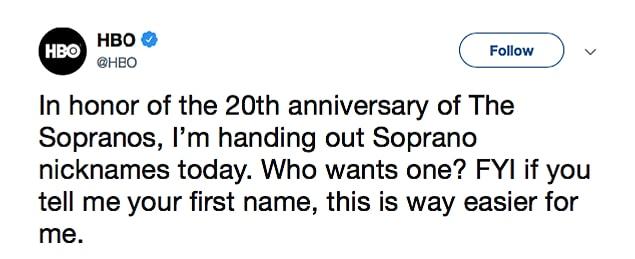 In celebration of Soprano's monumental anniversary, HBO is celebrating it by giving fans Soprano-inspired nicknames: