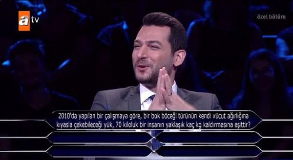 60 bin lira değerindeki bok böceği sorusunu okumakta zorlanan sunucu Murat Yıldırım, soruyu ikinci kez okurken de kendisini tutamadı.