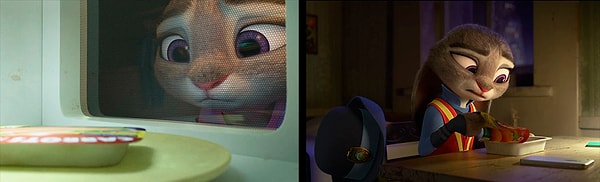 6. Когда Джуди из "Зверополиса" разогревает ужин, на ней надета розовая домашняя майка, а вот садится кушать она уже снова в полицейской форме.