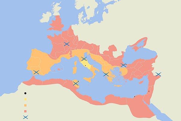 7. En iyi zamanında, Roma İmparatorluğu 2.5 milyon kare millik alan kaplıyordu. Buna rağmen tarihteki en geniş 19. imparatorluktur.