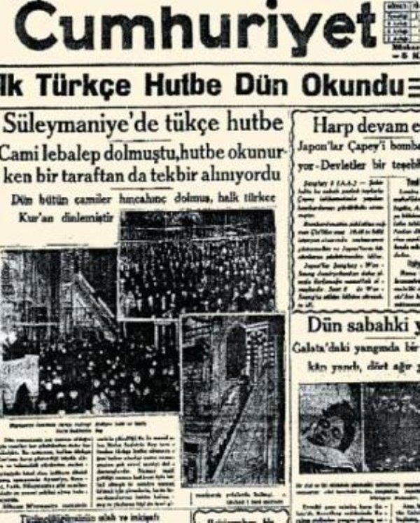 1932: İlk Türkçe hutbe, Süleymaniye Camii'nde okundu.
