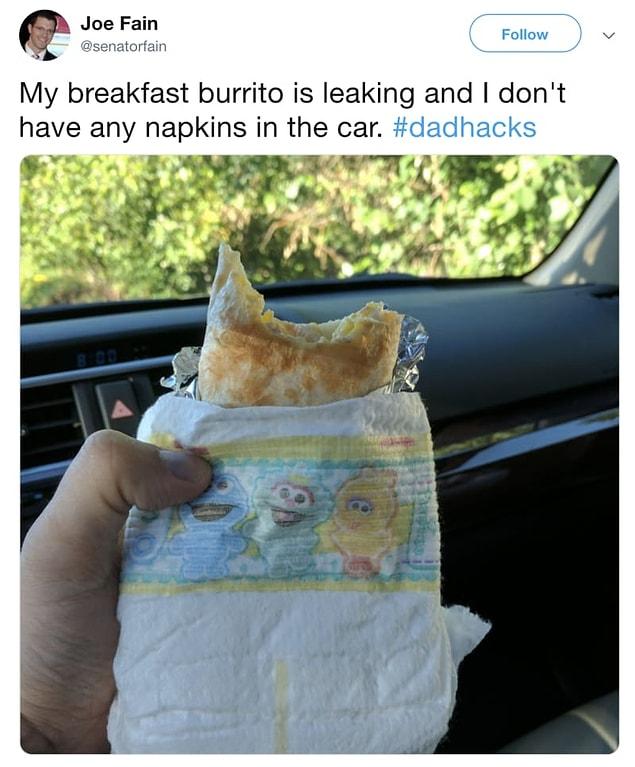 3. "This dad who had a messy burrito and no napkins, so he improvised with a diaper."