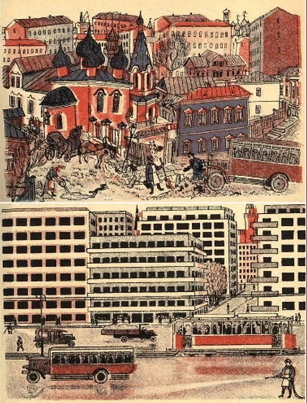 5. Какой город было решено реконструировать следующим образом (наверху - старый облик, внизу - новый)?