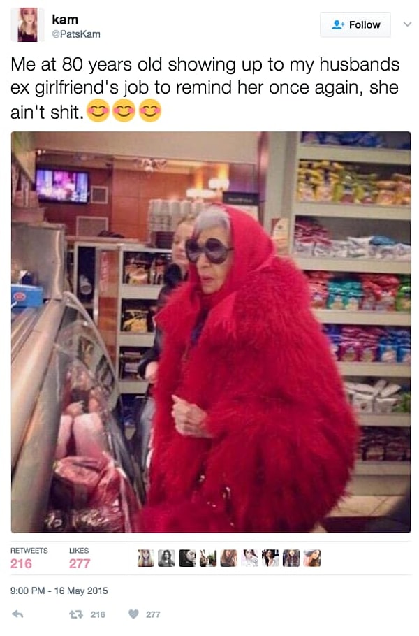 22. Я в 80 лет появляюсь на работе у бывшей моего мужа, чтобы показать, кто здесь по-настоящему крут!