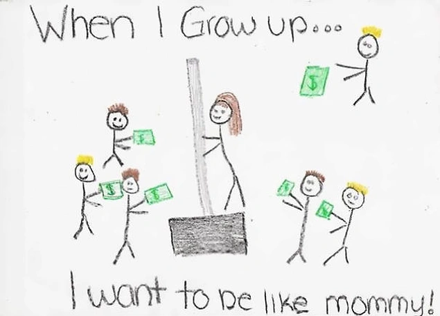 "Little girl drew a picture of her mom at work. The mother is actually selling a snow shovel at home depot."