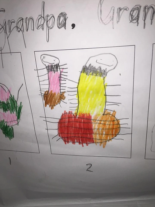 “My son drew this last year in kindy! It’s supposed to be a fish with its tail out the bottom there.”