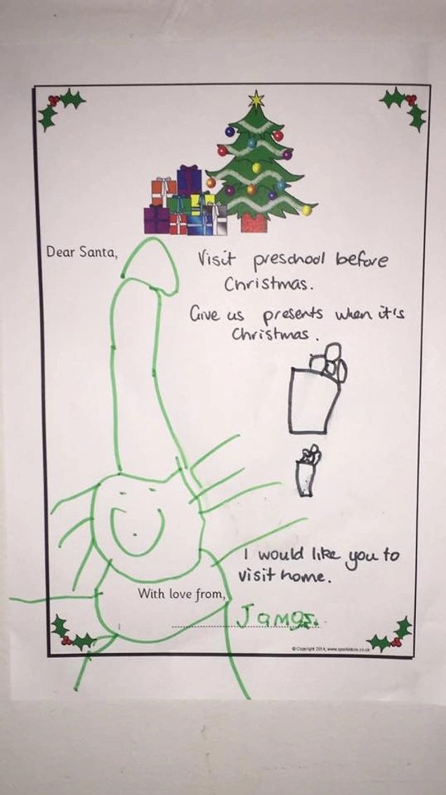 “My 4-year-old son’s drawing of Santa. Yep, that’s his hat. It was on the wall at preschool! I noticed the drawing and then realized my kid drew it,”