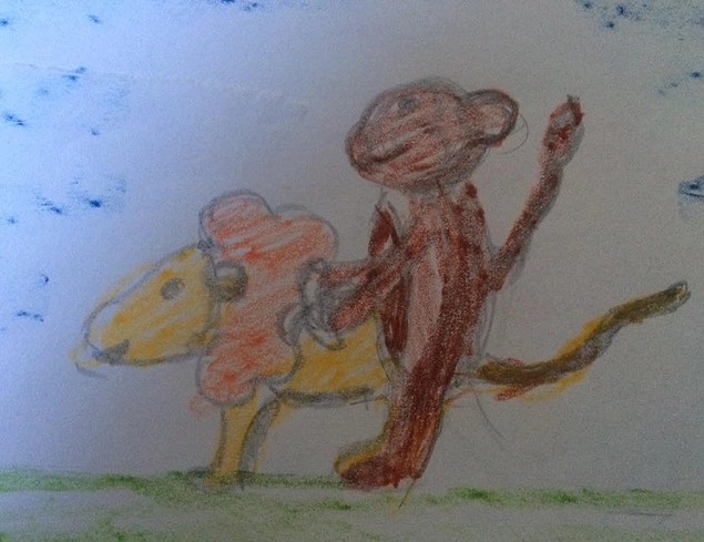 This is obviously just a darling drawing of a monkey and a lion playing leapfrog.