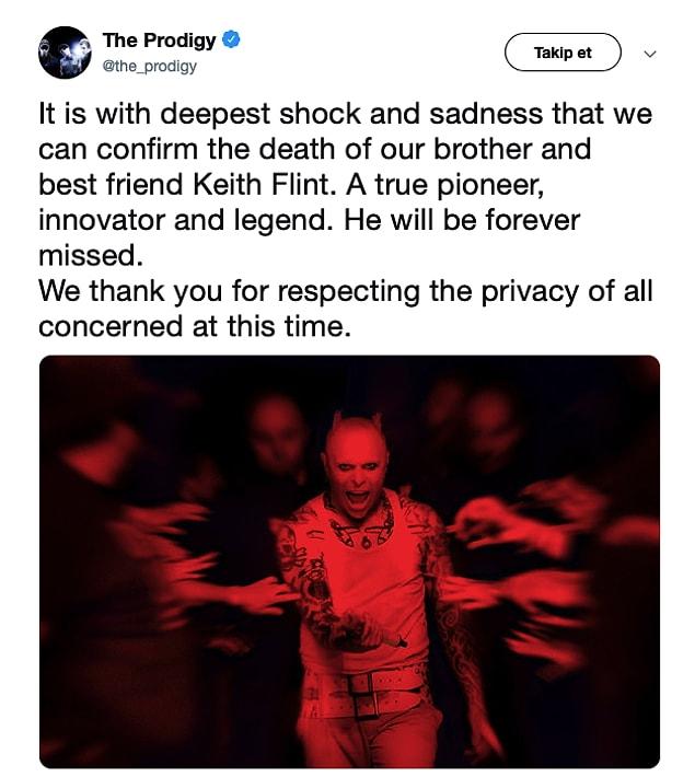 Bandmate Liam said in a post on The Prodigy's official Instagram account: "I can't believe I'm saying this but our brother Keith took his own life over the weekend.