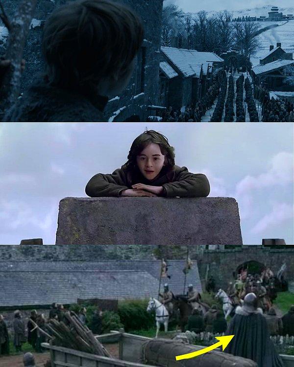 Ve bu sahne hem Arya hem de Bran Stark'ın, 1. sezonun 1. bölümünde Lannister'ların Kışyarı'ya varışını gözlemek için yükseklere tırmanmalarını anımsatıyor.