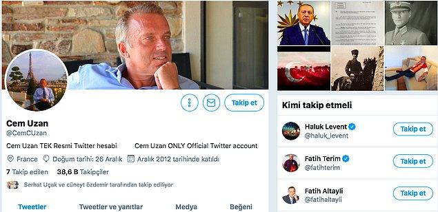 Ayrıca gerçek @CemCUzan hesabının takip ettiği kişiler arasında Cem Uzan’ın oğlu Sinan Uzan’ın Twitter hesabı da görülüyor.