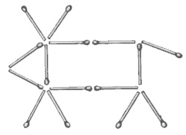 11. На рисунке вы видите корову, у которой есть все, что полагается: голова, туловище, ноги, рога и хвост. Корова на рисунке смотрит влево. Сможете переложить две спички так, чтобы она смотрела вправо?