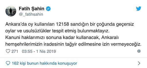 03:55 | AKP Genel Sekreteri Şahin, Ankara’da sandıkların birçoğunda tespit ettikleri geçersiz oylara ve usulsüzlüklere itiraz edeceklerini açıkladı.