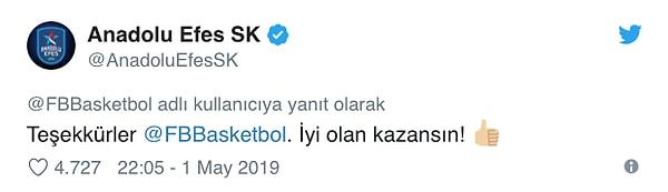 Anadolu Efes de bu kutlama mesajına "Teşekkürler Fenerbahçe Beko. İyi olan kazansın!" diyerek cevap verdi.