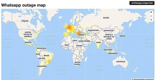 WhatsApp'ın erişim durumunu ve sorunlarını gösteren web sitelerinde Avrupa, Güney Amerika ve Asya bölgesinde erişim sıkıntıları olduğu gözleniyor.
