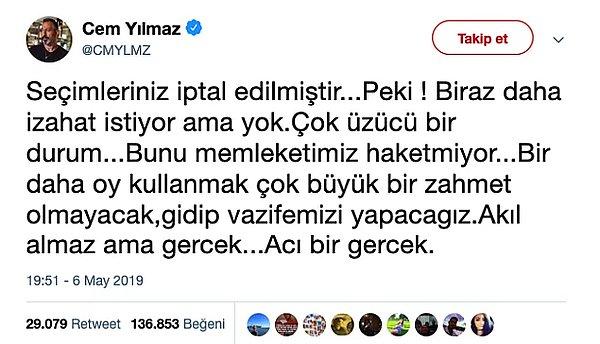 Seçimlerin İstanbul'da iptal edilmesinin ardından, birçok ünlü isim de tepkilerini Twitter'da dile getirmişti...