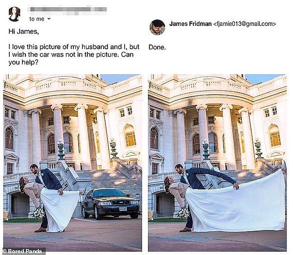 "Selam James. Eşimle olan bu fotoğrafımızı çok seviyorum fakat keşke araba çıkmasaymış. Yardımcı olabilir misin?"