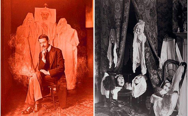 Solda William S. Marriott, kendine yaklaşan gizemli bir ruhun olduğu fotoğrafta poz veriyor. William S. Marriott o dönemde, yalancı medyumların insanları nasıl dolandırdığını ortaya çıkarmak için çabalıyordu.