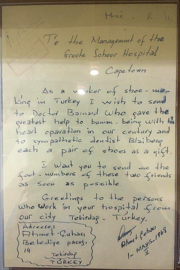 Ahmet Çuhacı'nın insanlığa olan katkılarından dolayı kalp cerrahı Dr. Christiaan Barnard'a teşekkürlerini iletmek üzere samimiyetle kaleme aldığı mektubun tamamı şöyle: