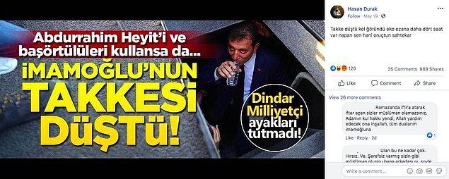 4. "Sosyal medyada paylaşılan fotoğrafın, İstanbul Büyükşehir Belediye Başkanı seçilen, seçimlerin yenilenmesiyle mazbatası geri alınan Ekrem İmamoğlu’nun Ramazan ayında gizlice su içtiğini gösterdiği iddia edildi."