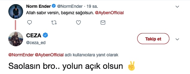 Gelen taziye mesajları arasında ünlüler de vardı pek tabii.