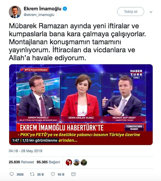 "Ancak Ekrem İmamoğlu’nun HaberTürk’te katıldığı bir programda 'PKK ve FETÖ’ye çağrı yapıyorum gelin Türkiye’yi beraber yönetelim' dediği iddiası doğru değil."