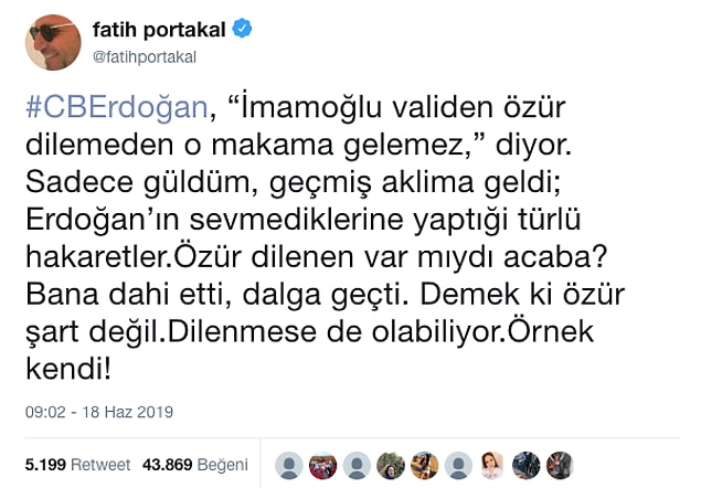 Cumhurbaşkanı Erdoğan'ın bu sözlerine dair bir paylaşımda bulunan gazeteci Fatih Portakal tepkilerin odağındaydı.