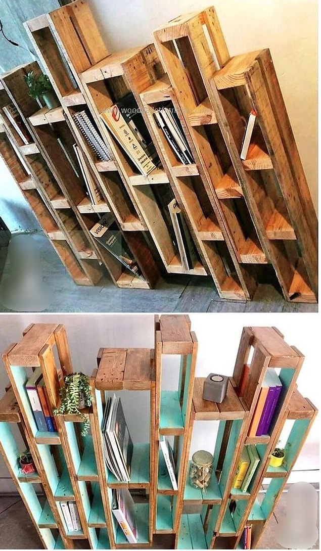 Ya da kitapları artık kütüphanesinden taşmış olanlar için bu ahşap paletlerden yapılmış kütüphane hem şık, hem zengin duruyor, hem de cep dostu.