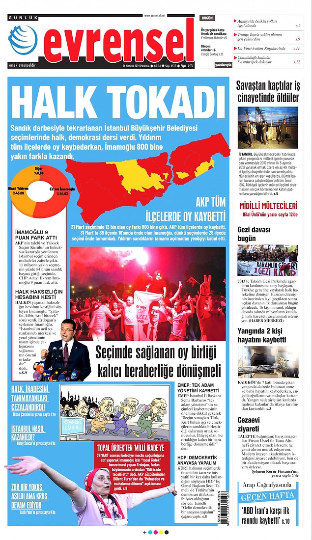 Evrensel bugün "Halk Tokadı" manşetiyle çıktı, AKP'nin tüm ilçelerde oy kaybettiği vurgulandı.