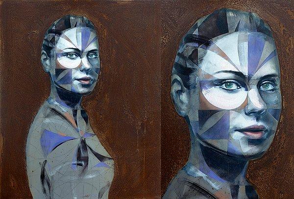 Gentry'nin "Efsanevi Mantık" adlı paslanmış çelik panel üzerine yağlı boya ve sprey boya ile yaptığı portre çalışması.