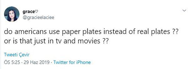 26. "Amerikanlar gerçek tabak yerine kağıt tabak mı kullanıyor? Yoksa sadece televizyonda ve filmlerde mi oluyor?"