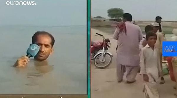 Yerel GTV News haber kanalında muhabir olarak görev yapan Azadar Hüseyin bölgede etkili olan yağışların ardından oluşan sel sularını ilginç bir yöntemle duyurdu.